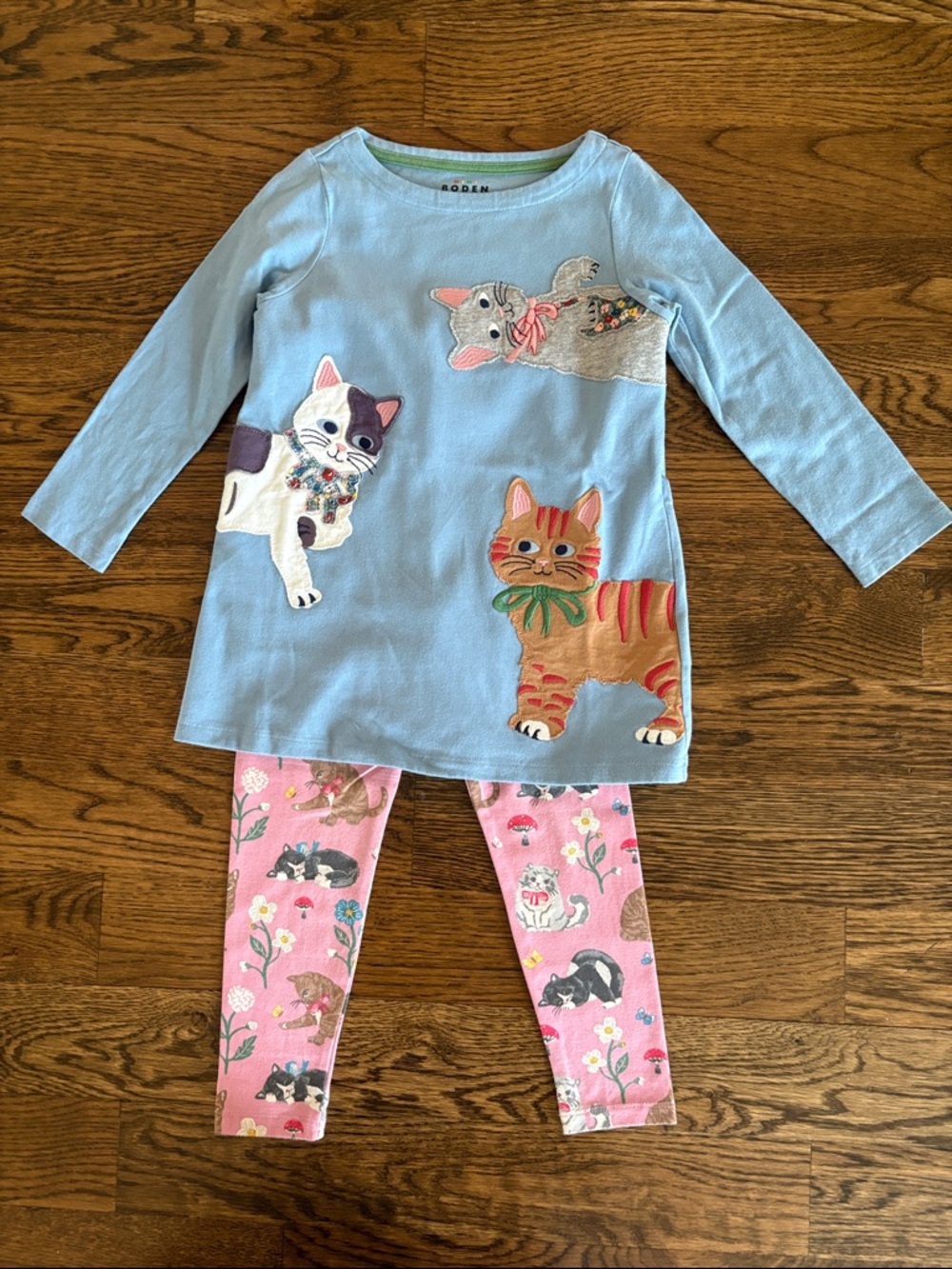 Boden Blue Cat Appliqué Top with Pink Cat-Print Leggings